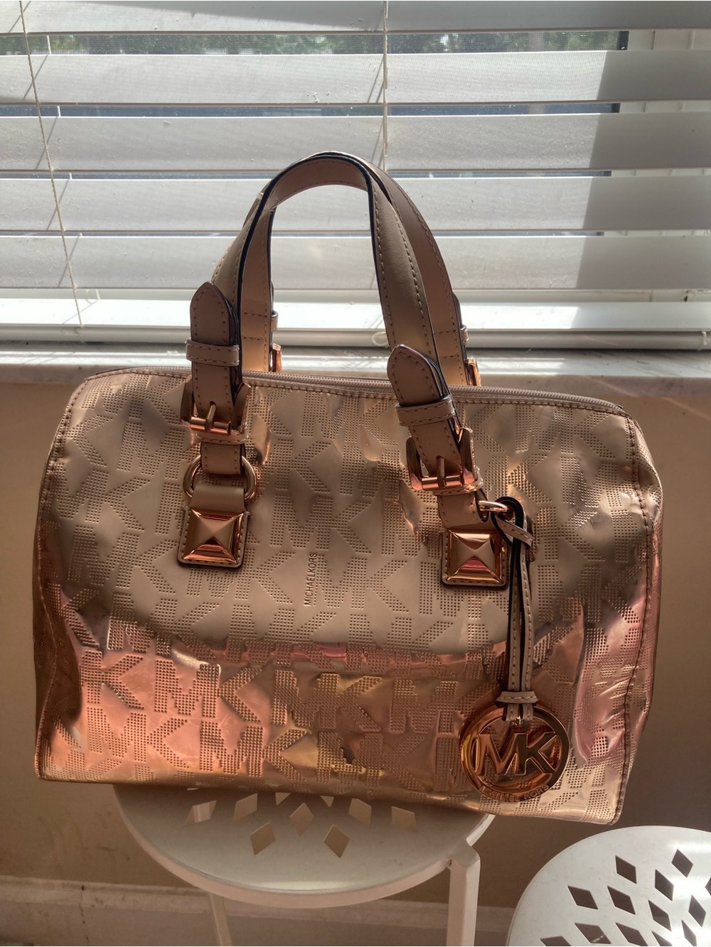 Michael Kors Metallic Rose Gold Logo Satchel